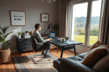 O persoană semnând electronic un contract de credit personal online, arătându-și laptopul cu o interfață de aplicație bancară.