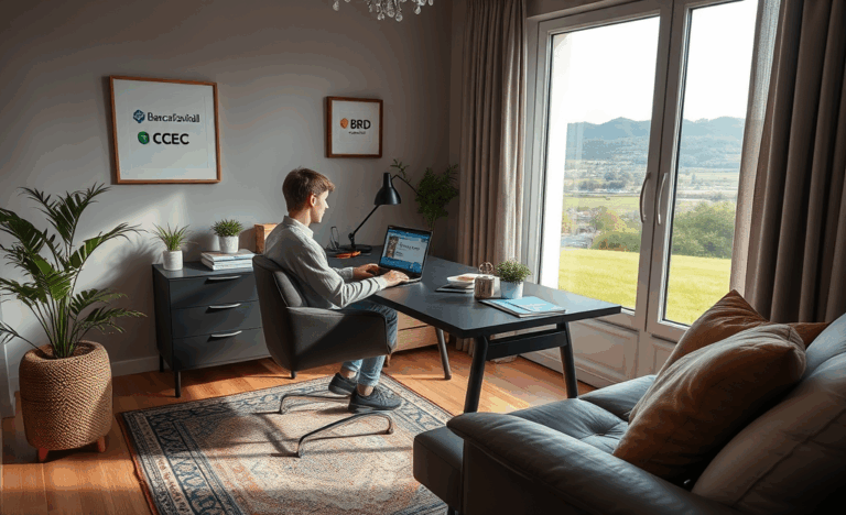 O persoană semnând electronic un contract de credit personal online, arătându-și laptopul cu o interfață de aplicație bancară.