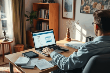 Persoană aplicând online pentru un credit personal, pe laptop, din confortul propriei case.