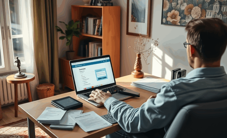 Persoană aplicând online pentru un credit personal, pe laptop, din confortul propriei case.