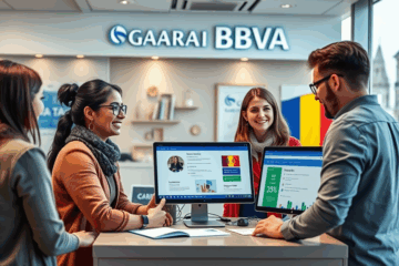Imaginea prezintă un birou de bancă Garanti BBVA, simbolizând accesibilitatea creditelor rapide pentru rezidenți.