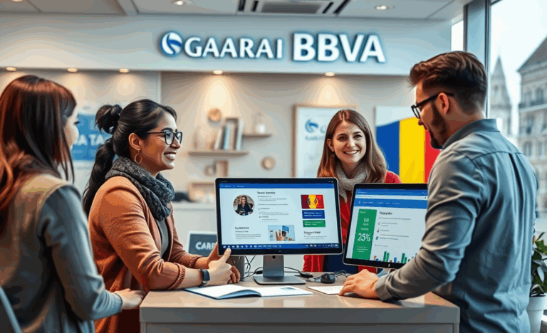 Imaginea prezintă un birou de bancă Garanti BBVA, simbolizând accesibilitatea creditelor rapide pentru rezidenți.