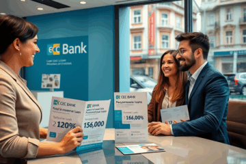 O persoană completând o cerere de împrumut la biroul CEC Bank.