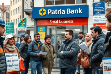 Imagine cu lucrători și imigranți discutând opțiuni financiare la Patria Bank.