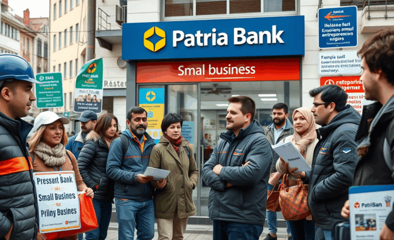 Imagine cu lucrători și imigranți discutând opțiuni financiare la Patria Bank.