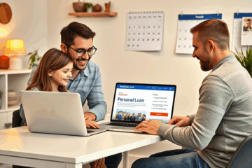 Imaginea arată o persoană care completează o aplicație de credit online pe site-ul Raiffeisen Bank.